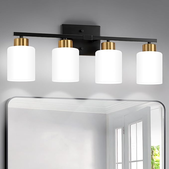 Black and Gold Bathroom Light Fixtures, 4-Light Modern Vanity Light Over Mirror, Wall Sconces with Milky White Frosted Glass Shades, E26 Socket (Bulbs Not Included)