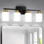 Black and Gold Bathroom Light Fixtures, 4-Light Modern Vanity Light Over Mirror, Wall Sconces with Milky White Frosted Glass Shades, E26 Socket (Bulbs Not Included)