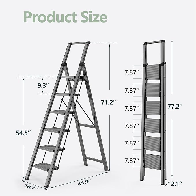 WOA WOA 6 Step Ladder for 12 Feet High Ceiling, Lightweight Foldable Ladder with Non-Slip Wide Pedals, Stepladder with Safe Handrail, Space Saving for Home, Kitchen, Indoor & Outdoor 300lbs - Black