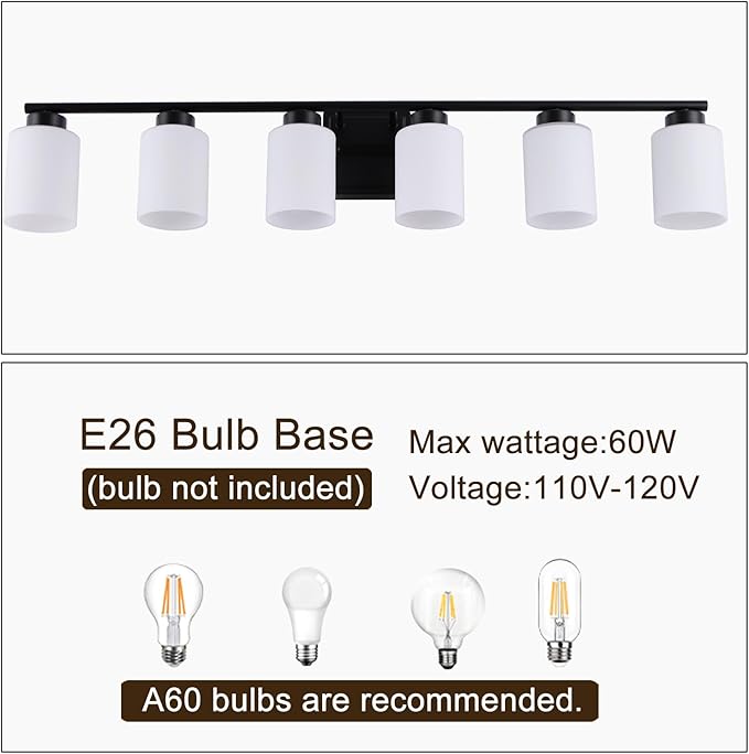 6 Light Bathroom Light Fixtures, 40 Inches Vanity Lights for Mirror, Black Vanity Lighting Fixtures with Milky White Glass Shades
