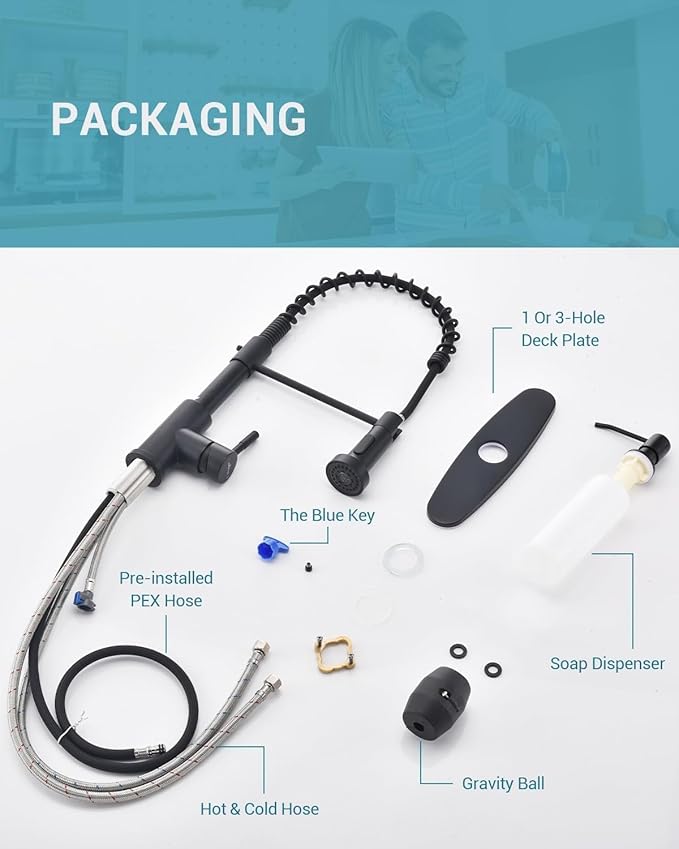 APPASO Black Kitchen Faucet with Soap Dispenser and Pull Down Sprayer, SUS304 Stainless Steel Commercial Single-Handle Spring Faucet for Kitchen Sink, Matte Black