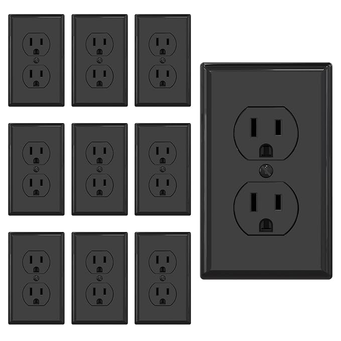 AIDA Outlet Duplex Receptacle with Wall Plate, Electrical Outlet Electrical Wall Outlet, 15 Amp Outlet 125V, Self-Grounding, 2-Pole, 3-Wire, 5-15R, UL Listed, 10 Pack, Black, Tamper Resistant