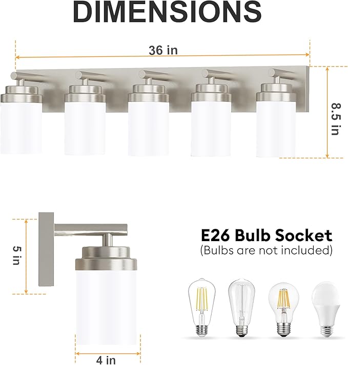 IZORRO Bathroom Vanity Light Fixture, 5-Light 36 Inch Brushed Nickel Bathroom Light Fixtures Over Mirror, with White Glass Shade, Modern Farmhouse Vanity Lights, Rustic Restroom Lighting Fixtures