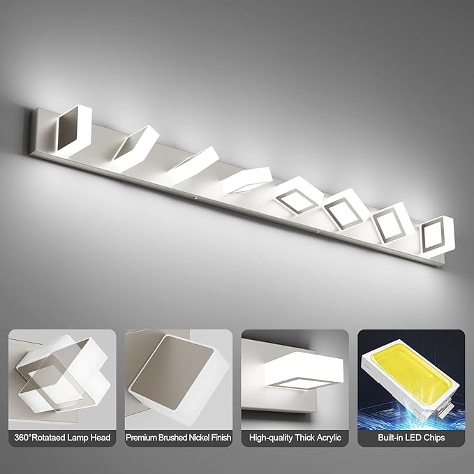 Ralbay 8-Light Brushed Nickel Bathroom Vanity Lights Metal Acrylic LED Modern Bathroom Wall Lighting Fixtures Over Mirror