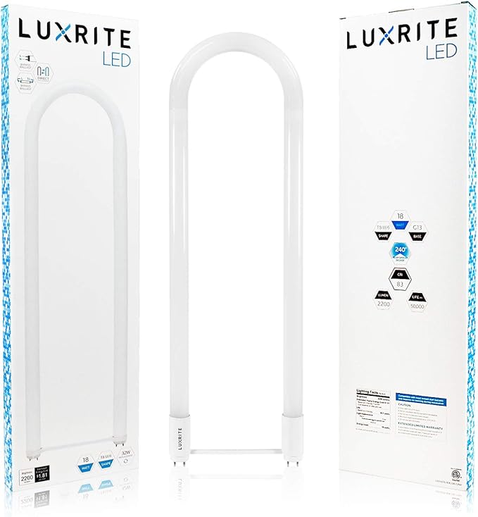 LUXRITE U Bend LED Tube Light, T8 T12, 18W (32W Equivalent), 3000K Soft White, 2000 Lumens, Fluorescent Light Tube Replacement, Direct or Ballast Bypass, DLC and ETL Listed, G13 Base (6 Pack)