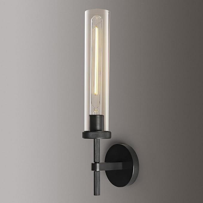 Black Wall Sconce, 19" Tube Glass Sconce Wall Lighting, Bathroom Wall Light, Vanity Lights for Living Room, Wall Lamp for Bedroom, Hallway, Fireplace, Staircase