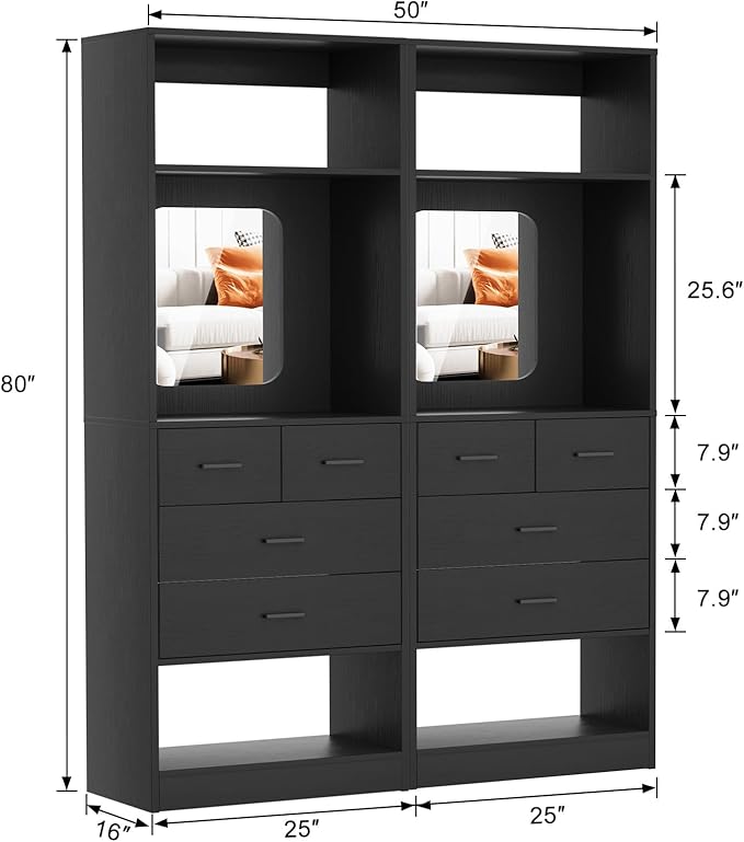 Unikito 50 Inch Closet System with Drawers, 4FT Sturdy Closets Organizer with Storage Shelves and Mirror Design, Freestanding Wood Walk in Closet Towers, Easy Assembly, Max Load 1000 LBS, Black