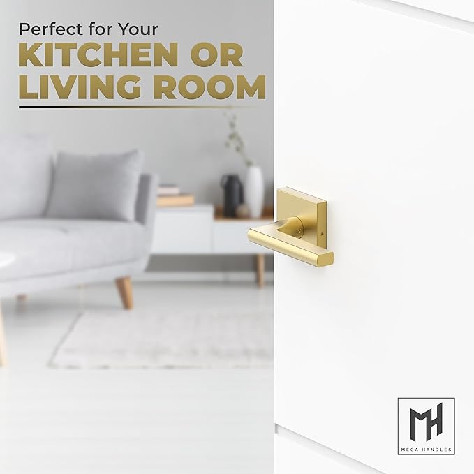 Mega Handles Prime Passage Lever Door Handle for Hallway, Closet and Bathroom, Reversible Design Door Levers, Fits All Standard Door Sizes, Covered Screws Included - Satin Brass (1 Pack) 4.29"