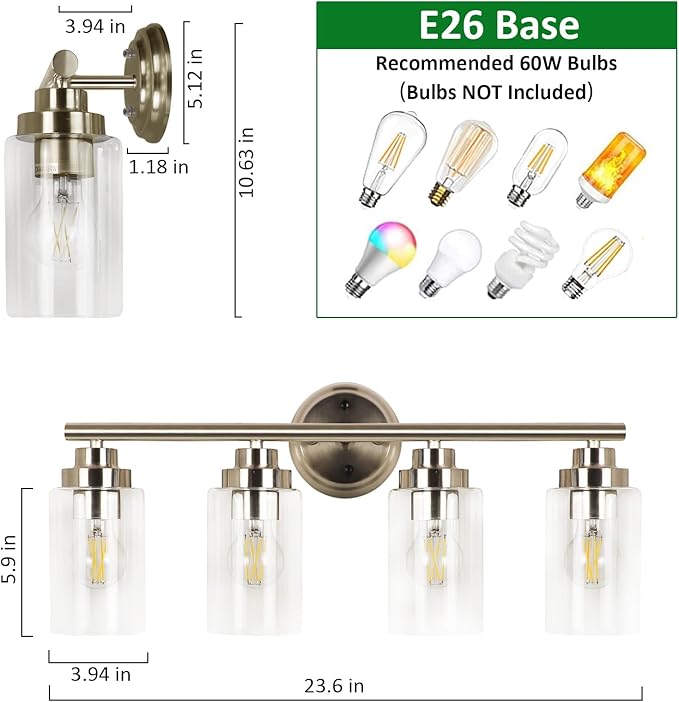DLLT Bathroom Light Fixtures, Silver 4-Light Wall Sconces Lighting with Clear Glass Shade, Bath Vanity Light for Power Room, Mirror, Kitchen, Bedroom, Hallway (E26 Base Bulbs Not Included)
