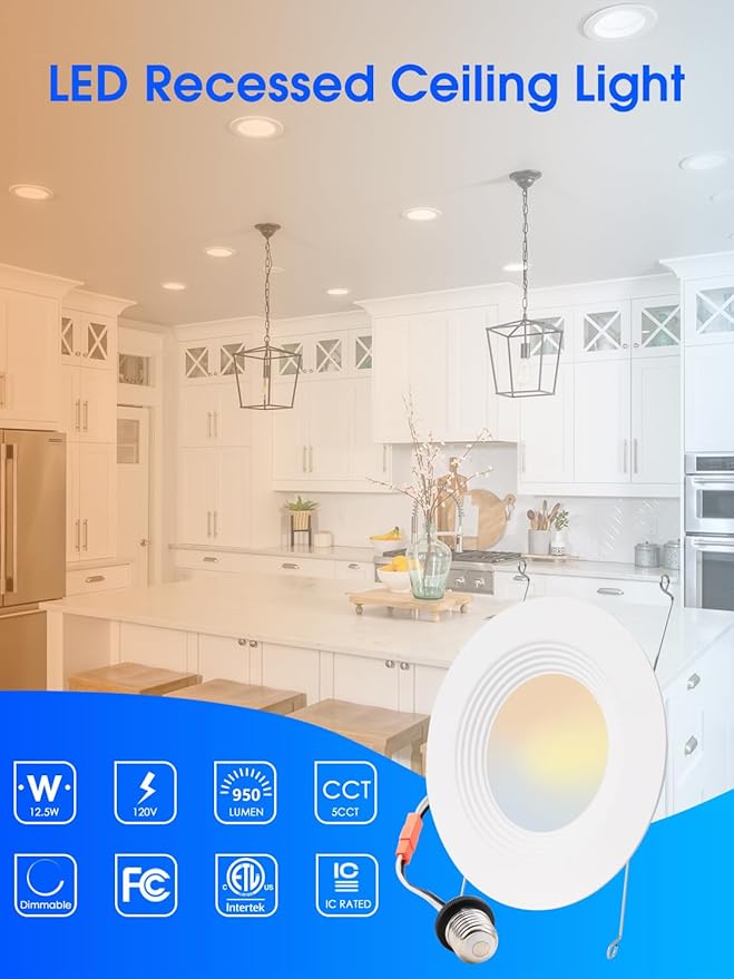Energetic 24 Pack 5/6 Inch 5CCT Retrofit Recessed Ceiling Lighting, LED Can Lights, Dimmable Downlight, 12.5W, Equivalent 100W, 2700K/3000K/4000K/5000K/6500K Selectable, Damp Rated, Baffle Trim, ETL