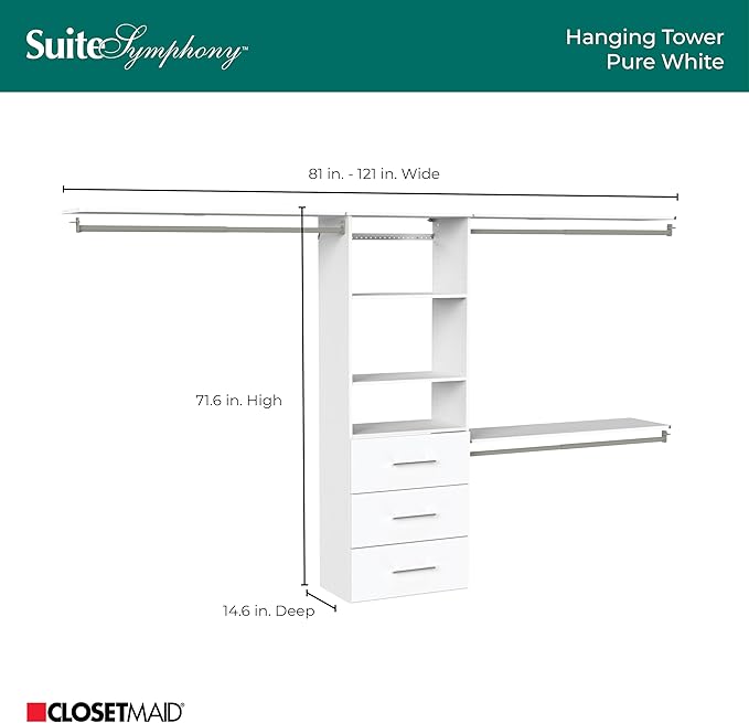 ClosetMaid SuiteSymphony Modern Hanging Closet Kit Includes (1) Tower, (3) Closet Rods, (4) Shelves, (3) Top Shelves w/Brackets, and (3) Drawer, White