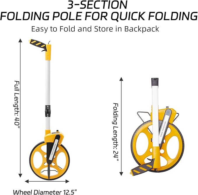 Measuring Wheel With Handle Reset & Brake, Rolling Measuring Wheel in Feet for Construction, Survey, Collapsible Measure Wheel with Tape Measure and Canvas Carrying Bag, 12 Inch, Up to 10,000Ft