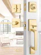 EHOMEWARE Gold Front Door Handle Set, Brass Heavy Duty Square Door Lever & Single Cylinder Deadbolt Combo Reversible for Entrance Exterior Doors 2 Sets