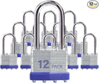 Laminated Steel Keyed Padlocks, 12 Pack, Blue, Keyed Alike, Long Shackle, 1-9/16" (40mm), For Hasp Latch, Sheds, Fences, Storage Locker, School, Gym