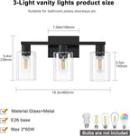 3-Light Bathroom Vanity Light, Black Vanity Lights with Clear Glass Shades, Bathroom Wall Sconce Lamp for Mirror Living Room Bedroom Hallway