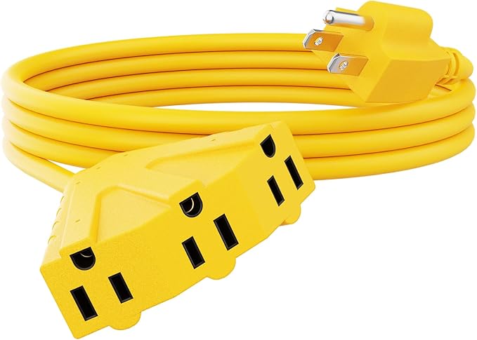 PLUGTUL 10FT Outdoor Extension Cord with Multiple Outlets, 14 Gauge, 3-Outlet, SJTW, 15A 14AWG 1875W SJTW, ETL Listed - Great for Garage, Garden and Home, Yellow