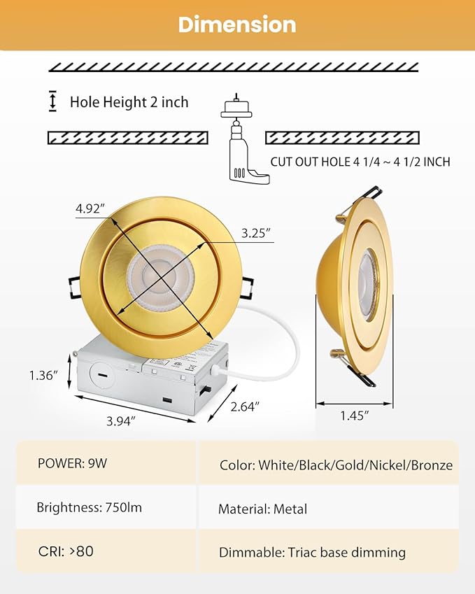 4 inch LED Recessed Light - 9W Gold Gimbal Recessed Lighting Canless Soffit Swivel Eyeball 90° Tilt Wafer Slope Ceiling Adjustable Spotlight Dimmable for Accent Lighting Gold 6 Pack