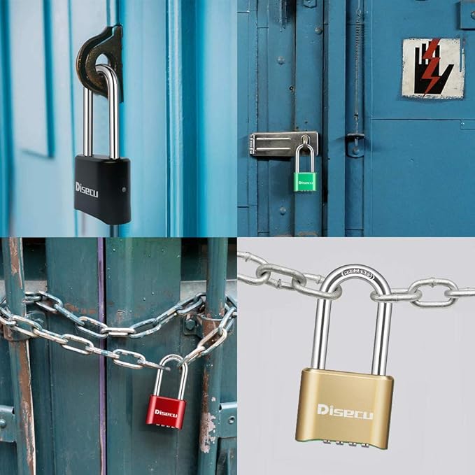 1 Pack disecu Heavy Duty 4 Digit Combination Lock, 2.5 Inch Long Shackle Outdoor Waterproof Padlock for School Gym Locker, Storage Unit, Fence, Gate, Toolbox (Brass)