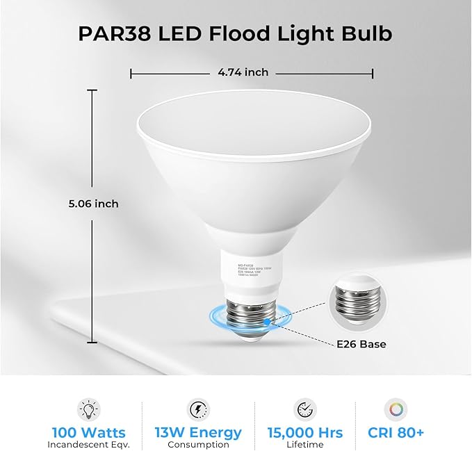 PAR38 LED Outdoor Flood Light Bulbs, 100W Equivalent, 1050LM, 5000K Daylight White, 13W Dimmable, Waterproof LED Floodlight for Driveway Patio Garage, E26 Base, 15,000 Hrs, 2 Pack