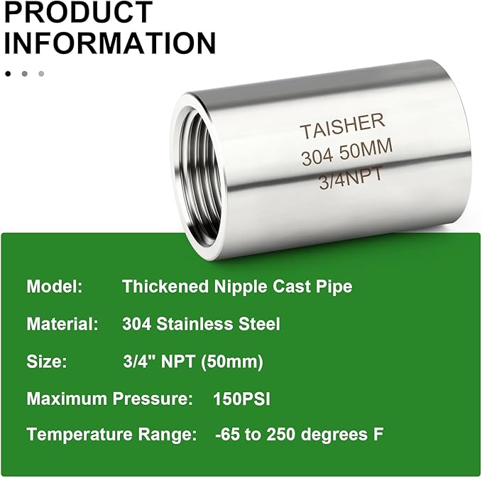 TAISHER 2PCS Stainless Steel Pipe Fittings, 3/4" NPT Female x 3/4" NPT Female Threaded, 2" Length Thickened Nipple Cast Pipe