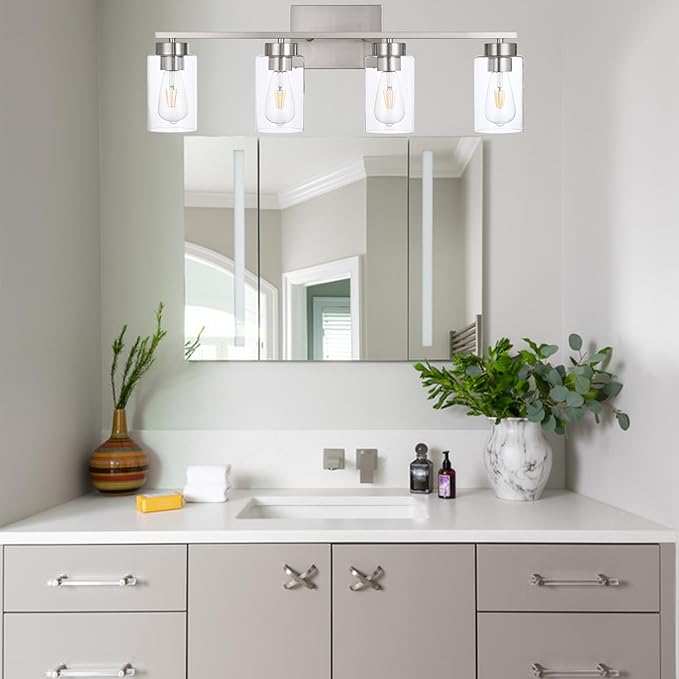 4 Light Bathroom Vanity Light Fixtures, Brush Nickel Modern Wall Lights with Clear Glass Shade, Vintage Wall Sconce Lighting for Living Room, Mirror, Bedroom, Hallway (Nickel, 4-Lights)