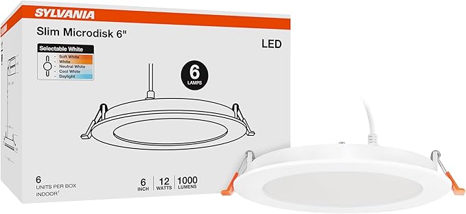 Sylvania 6" Slim Microdisk Downlight, 12W, 5 CCT Select (2700K - 5000K) Recessed Lighting, 1000 LMS, 90 CRI, Dimmable, Wet-Rated, White - 6 Pack (61190)