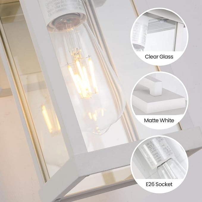 Outdoor Wall Sconce, Outside Porch Light Fixtures, Anti-Rust Exterior Wall Lights in Matte White Finish with Clear Glass for Garage Doorway Entryway, 2 Pack