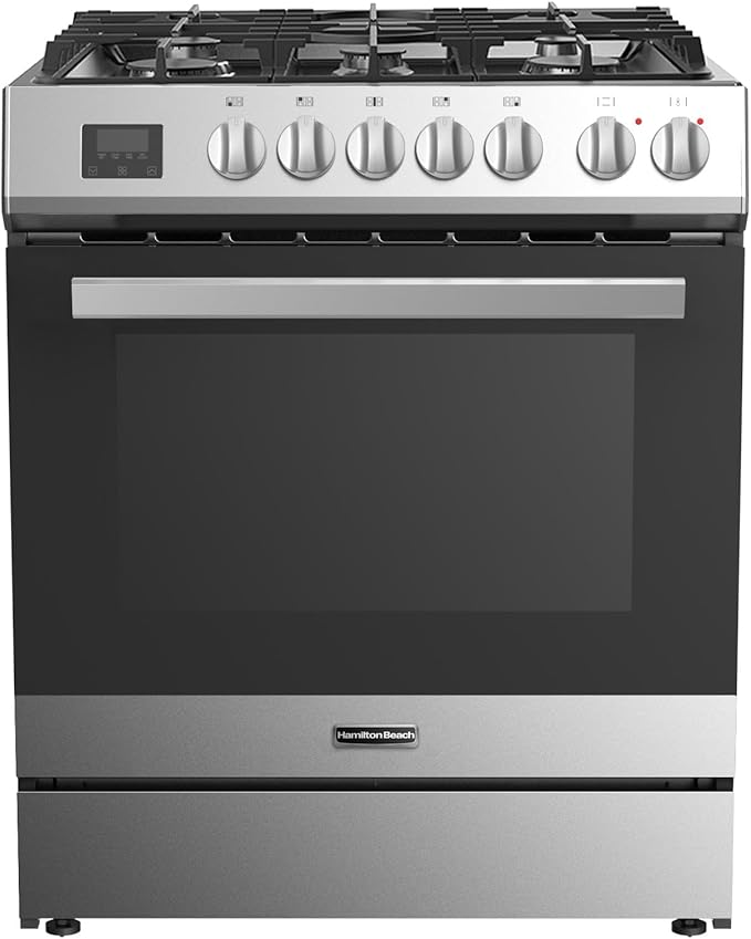 Hamilton Beach 30” Gas Range Stove and Oven, 5 Cooktop Burners, Heavy-Duty Metal Knobs, Cast Iron Grates, and Stainless Steel Cooking Racks