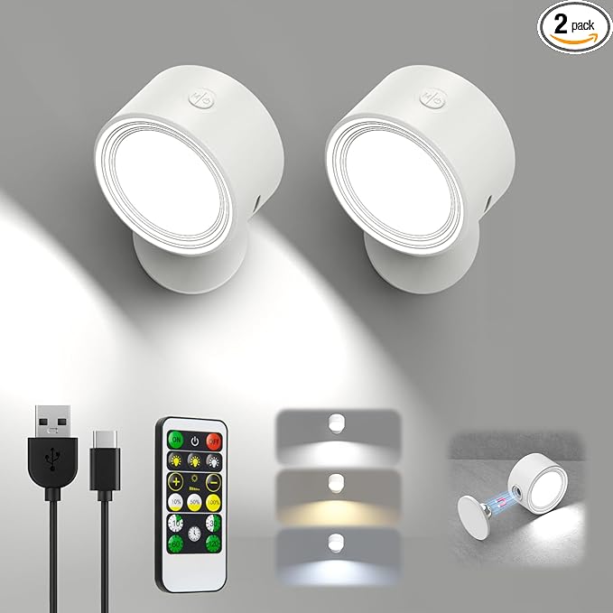 LED Wall Lights, Wall Lamp 3 Color Temperatures & Dimmable Magnetic 360° Rotation with Remote, Wall Sconces 2 Pcs with 3000mAh Rechargeable Battery, Cordless Wall Light for Reading Bedside Hallway