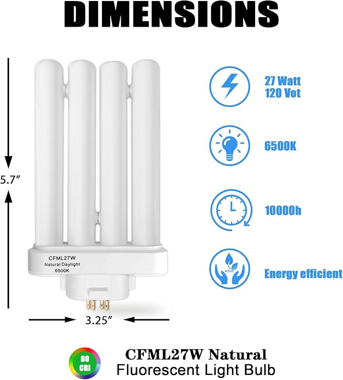 CFML27VLX Replacement Bulb for Verilux CFML27VLX 27 Watt Fluorescent Bulb, Natural Daylight,4-Pin GX10Q-4 Base, 6500K Daylight, 3 Pack