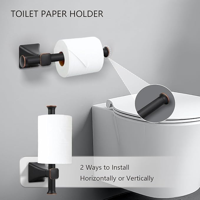 Matte Black Bathroom Hardware Set 5-Pieces, SUS304 Stainless Steel Bath Towel Bar Set Wall Mounted, Including Hand Towel Bar,Towel Ring, Toilet Paper Holder, 2Pcs Robe Towel Hook