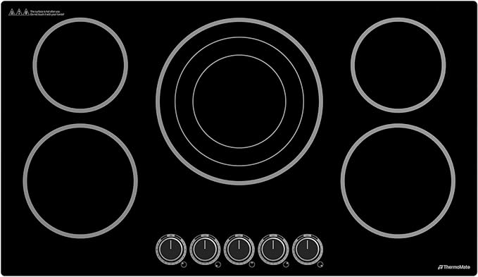 ThermoMate 36 Inch Electric Cooktop, 5 Burners Knob Control Built-in Ceramic Cooktop, 30" Radiant Electric Stove Top of 9000W with 9 Heat Levels, Hot Surface Indicator, 220-240v, Hard Wired