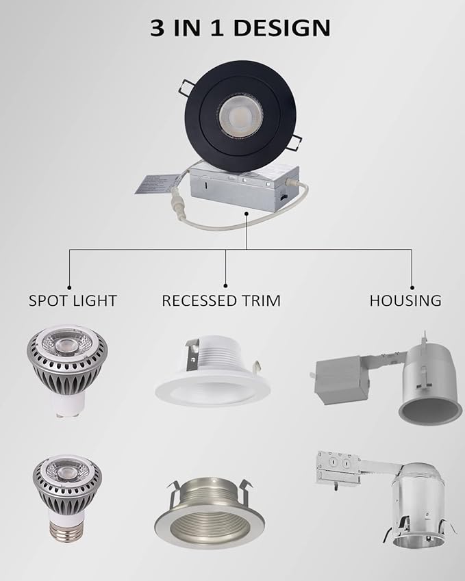 Gimbal LED Recessed Light - 4 Inch Black 9W 360° Rotation Directional Adjustable Eyeball Sloped Ceiling Recessed Lighting 4 inch Light Wafer Soffit Indoor Spotlight Canless Black 4 inch 6 Pack