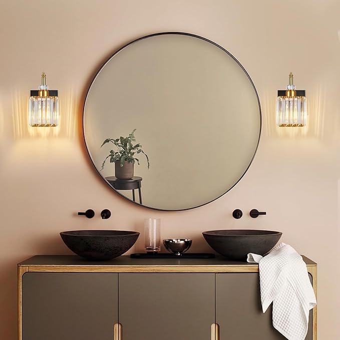 Modern Wall Sconces Set of Two Black Gold Indoor Wall Mounted Room Sconce Crystal Wall Lighting Bathroom Vanity Light Fixtures