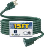 15ft Outdoor Extension Cord for Christmas Decorations - 16/3 Heavy Duty SJTW Waterproof Green Electrical Cable with 3 Prong Grounded Plug for Safety, Great for Lawn and Major Appliances