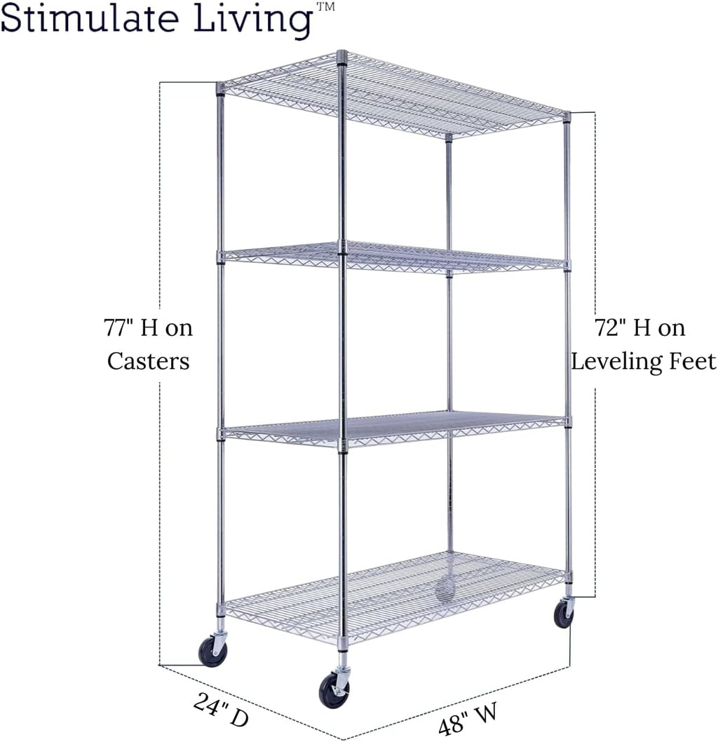 48"x24"x72" Prime Heavy Duty Chrome 4-Tier Wire Shelving NSF 3200 LBS MAX Capacity Storage Rack for Commercial, Hospital, School, Garage, and Kitchen Uses (with Wheels)