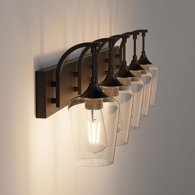 Ralbay Matte Black Bathroom Light Fixtures 5-Lights Industrial Black Vanity Lights Clear Glass Vintage Edison Matte Black Wall Mount Light Fixture for Bathroom