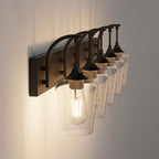 Ralbay Matte Black Bathroom Light Fixtures 5-Lights Industrial Black Vanity Lights Clear Glass Vintage Edison Matte Black Wall Mount Light Fixture for Bathroom