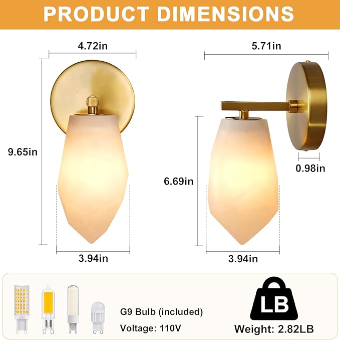 Alabaster Wall Sconces Set of Two, Spanish Marble Wall Lamp, Modern Wall Sconce for Living Room, Hardwired Wall Lighting for Bedroom, Wall Light for Bathroom Hallway Stairs, Gold