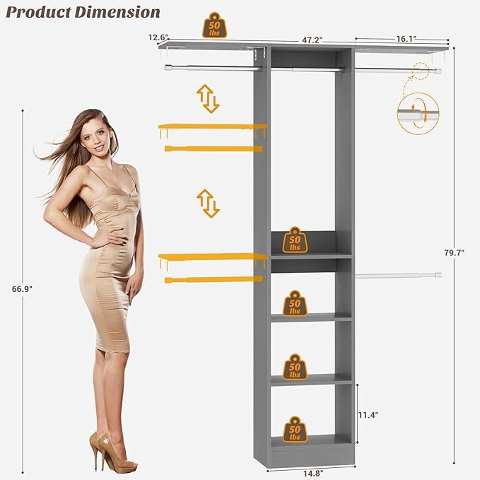 48" Small Closet Organizer, 4FT Closet System for Small Closets with 4 Hanging Rods & 3 Shelves, 80"H Small Closet Organizers and Storage for Bedrooms, Cloakrooms, Gray