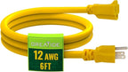 6 Ft Outdoor Extension Cord - 12/3 SJTW Heavy Duty Yellow Extension Cable with 3 Prong Grounded Plug - Power Cord for Lawn, Garden, Appliances