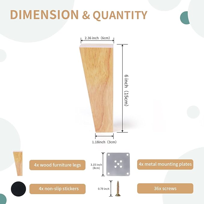 6 Inch Mid Century Legs Wood Square Furniture Legs Set of 4 Tapered Sofa Feet Solid Wooden Replacement Legs for Couch Ottoman Cabinet Dreeser Bed Table DIY