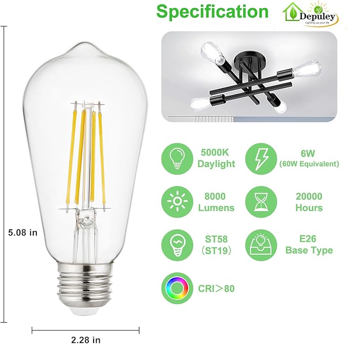 Depuley LED Light Bulbs E26: Chandelier Lights Bulb 6W Equivalent 60W - Edison Vintage Bulbs Daylight 5000K ST58 Clear Glass Bulb 800LM 80+CRI Non-Dimmable 6-Pack