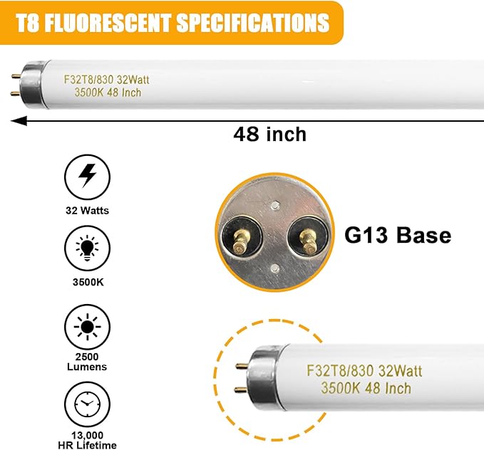 amgolibi F32T8/830 T8 32 Watt Fluorescent Tube 48 Inch, FO32/835/ECO 3500K Soft White, 4 Foot Fluorescent Light Bulb, 2950 Lumen, F32T8/TL935/ALTO, G13 Medium Bi-Pin Base, 25 Pack