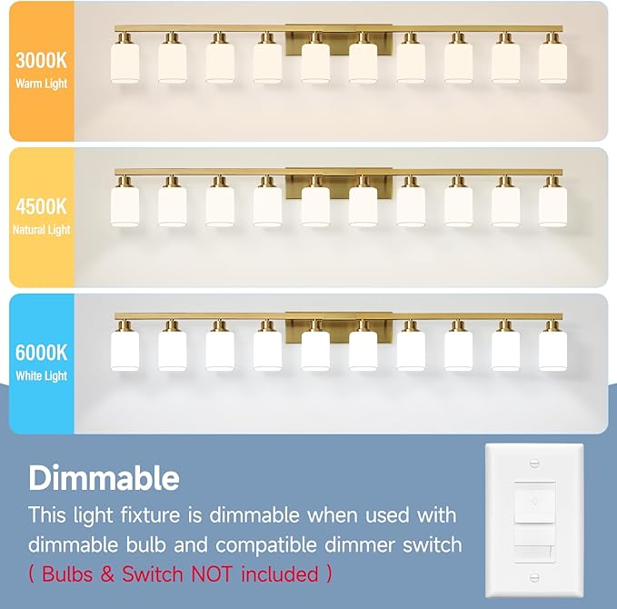 Gold Bathroom Vanity Light,10-Light Brushed Gold Bathroom Light Fixtures with Square Frosted Glass,64.5in Wall Lamp Sconces for Mirror Bedroom,Living Room Hallway,E26