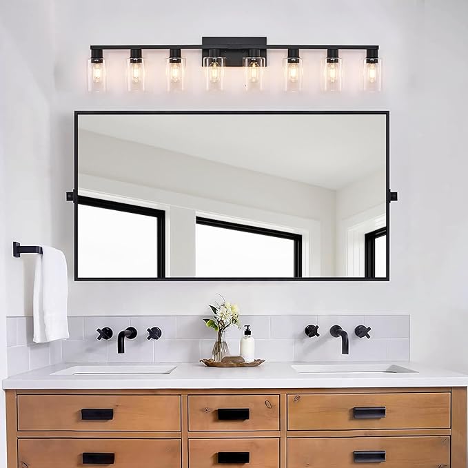 8 Light Bathroom Vanity Light, Matte Black Bathroom Vanity Lights Over Mirror with Sturdy Clear Glass Shade, 8 Lights Count Large Bath Light Fixtures for Mirror, Bedroom, Living Room, Wall Sconce
