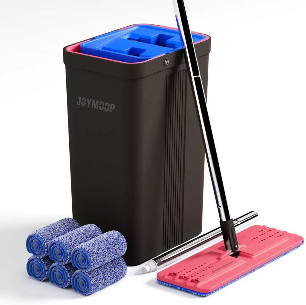 JOYMOOP Mop and Bucket with Wringer Set, Hands Free Flat Floor Mop and Bucket, with 6 Washable Microfiber Pads, Wet and Dry Use, Floor Cleaning System - Black+Red+Slate Blue