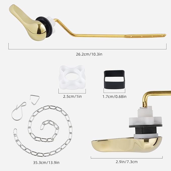 iFealClear Universal Metal Toilet Tank Flush Lever Replacement, Side Mount Toilet Handle Replacement Kit, Stainless Steel Chain, Solid Brass Material, Polished Gold