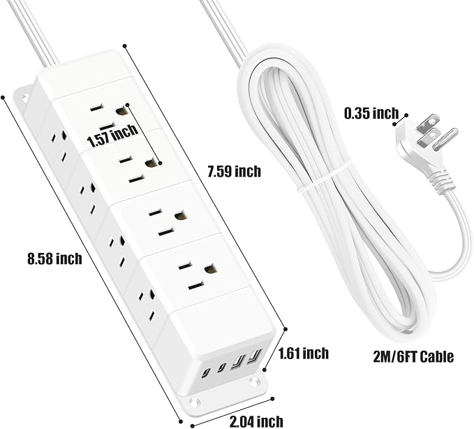 45W USB-C Fast Charging Under Desk Power Strip,12 Outlet Mountable Power Strip with 4 USB,1200J Surge Protection,6FT Flat Extension Cord