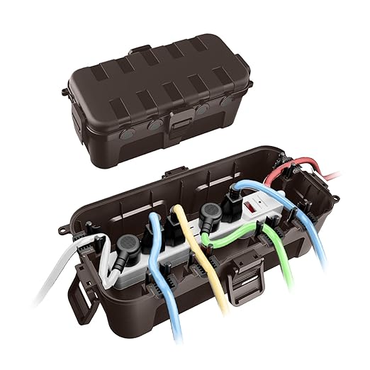 QUOBAS 2 Pack Outdoor Waterproof Electrical Box with 6 Cable Ports, IP54 Weatherproof Heavy-Duty Extension Cord Cover for Power Strips, Garden Power Tools, Holiday Lights, Brown